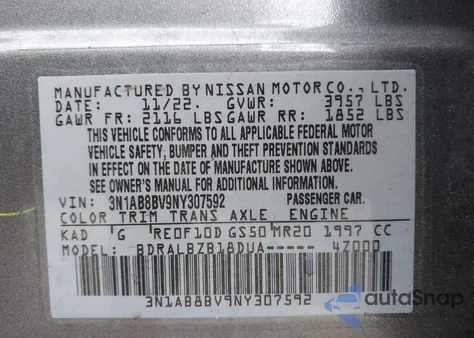 2022 Nissan Sentra S from USA, damaged, VIN 3N1AB8BV9NY307592